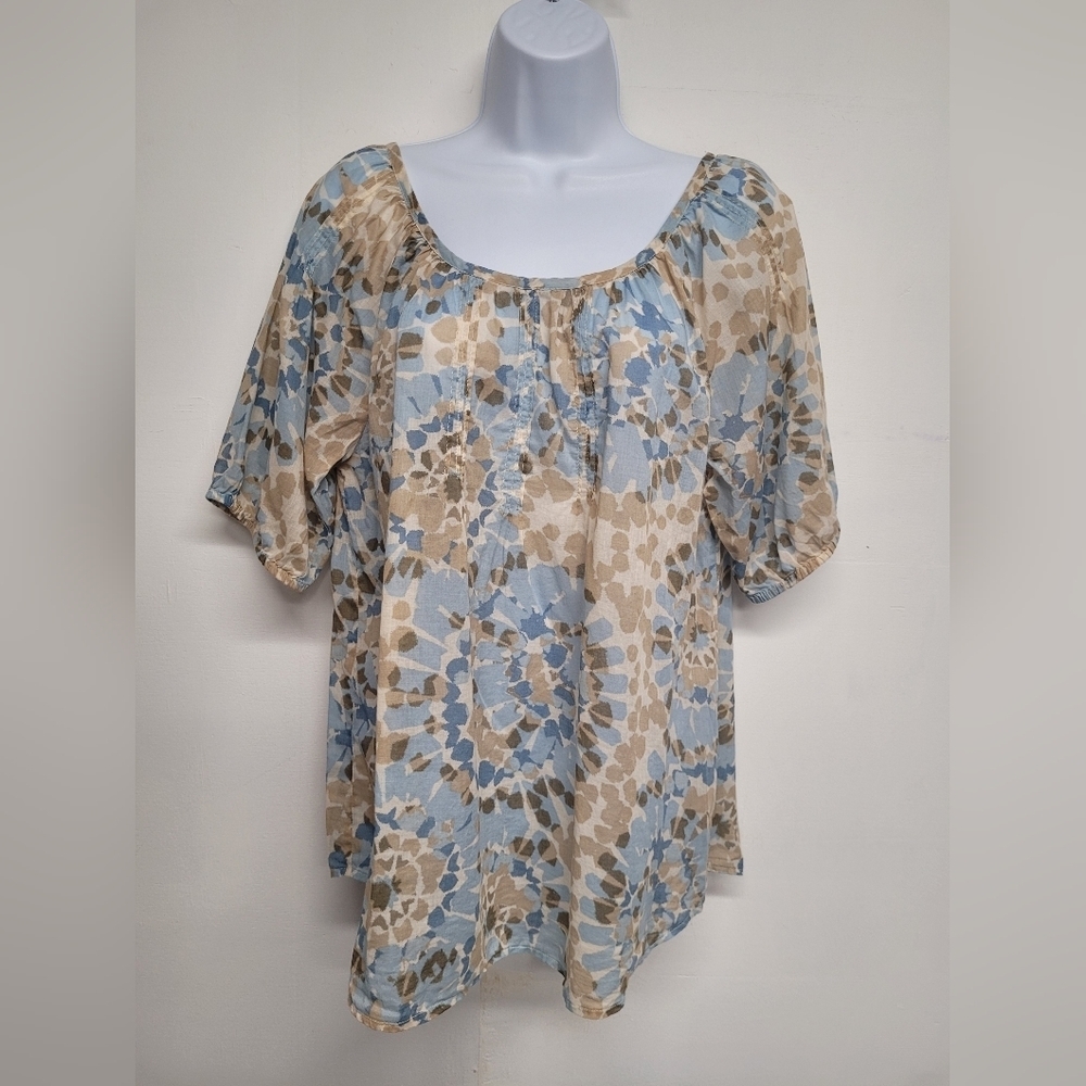 Lucky Brand Semi Sheer Top Short Sleeve Upper Pleats L